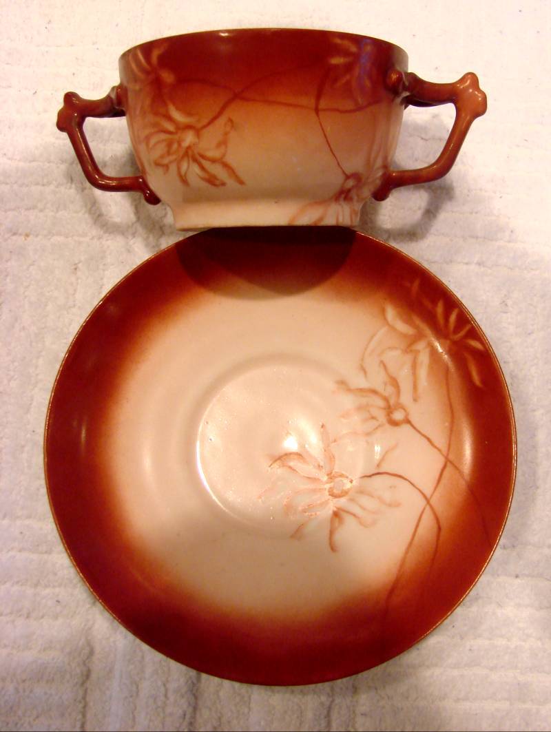 French Limoges Pair Bouillon Cups Scrs Painted Flowers Leaves Shaded Red c 1892 - 1907 French Limoges Pair Bouillon Cups Scrs Painted Flowers Leaves Shaded Red c 1892 - 1907