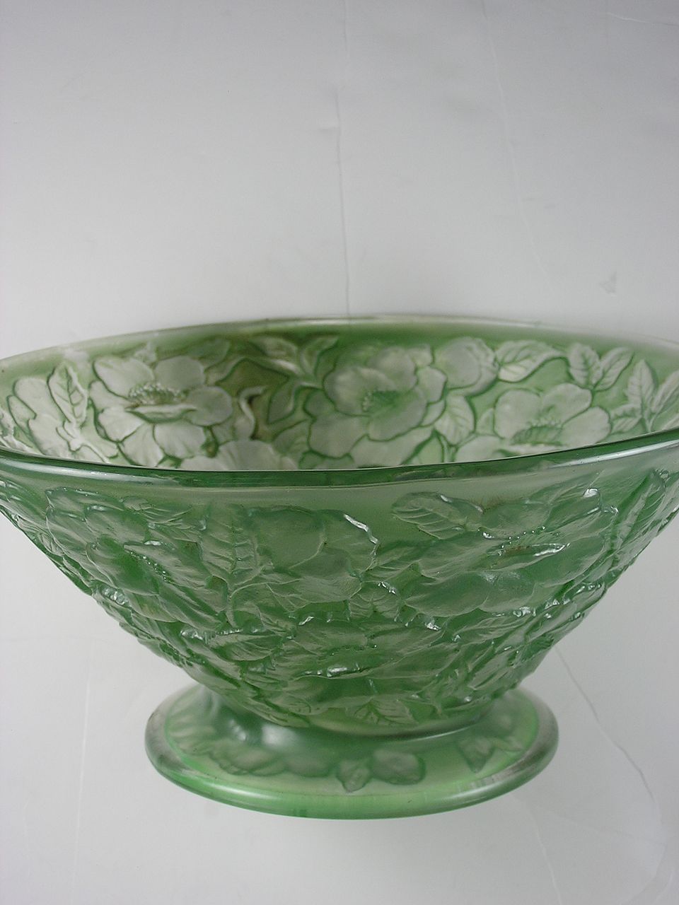 Consolidated Glass Large Martele Green Wash Floral Motif Bowl (c.1920's) Consolidated Glass Large Martele Green Wash Floral Motif Bowl (c.1920's)