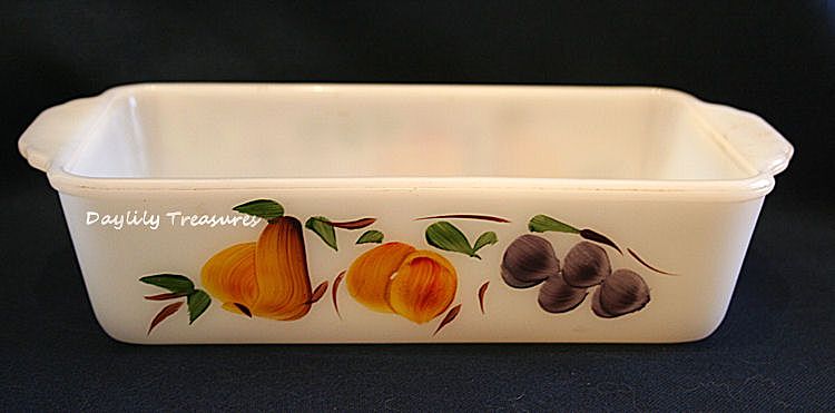 Fire King Gay Fad loaf pan fruits pattern Fire King Gay Fad loaf pan fruits pattern