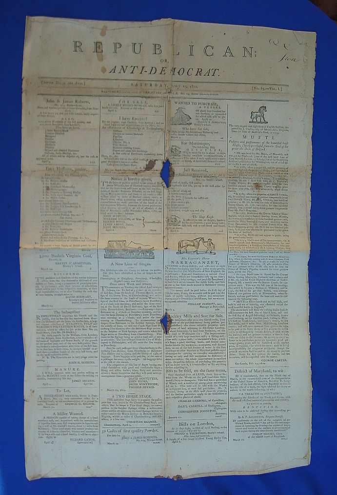 Rare 1802 Baltimore Pro Slavery Newspaper; Republican or Anti-Democrat Rare 1802 Baltimore Pro Slavery Newspaper; Republican or Anti-Democrat