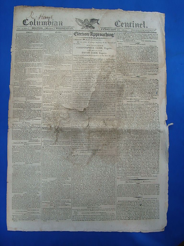 1810 Columbia Centinel Newspaper Election of Christopher Gore & David Cobb 1810 Columbia Centinel Newspaper Election of Christopher Gore & David Cobb