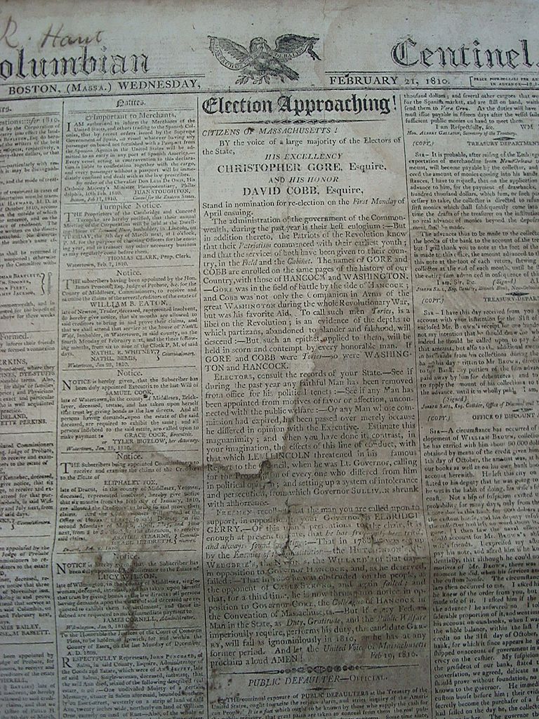 1810 Columbia Centinel Newspaper Election of Christopher Gore & David Cobb 1810 Columbia Centinel Newspaper Election of Christopher Gore & David Cobb
