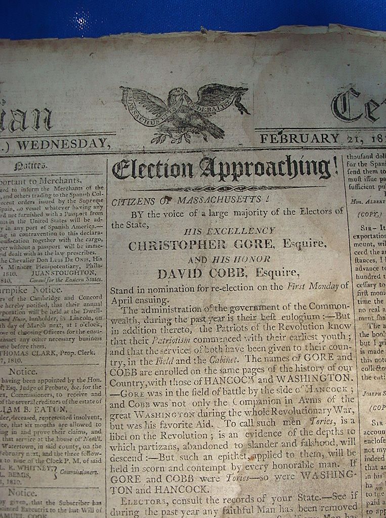 1810 Columbia Centinel Newspaper Election of Christopher Gore & David Cobb 1810 Columbia Centinel Newspaper Election of Christopher Gore & David Cobb