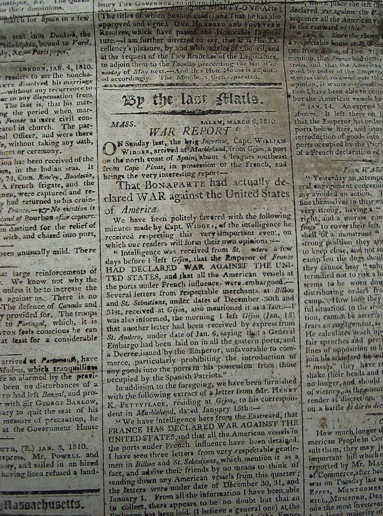 March 7th 1810 Columbian Centinel Newspaper; Napolean Bonaparte Declares War of the United States ! March 7th 1810 Columbian Centinel Newspaper; Napolean Bonaparte Declares War of the United States !