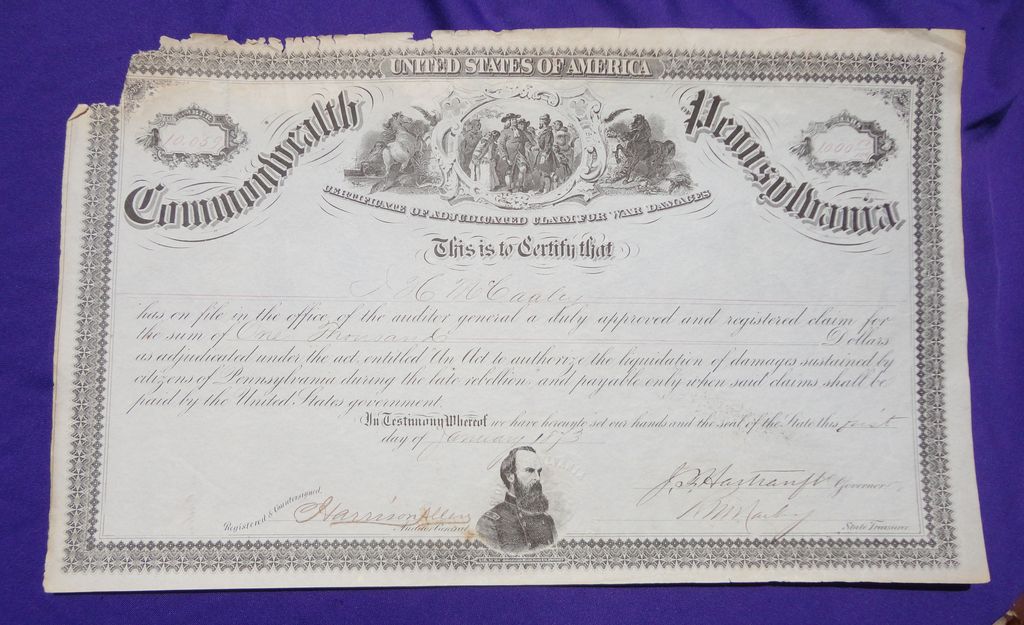 Great Civil War Document signed by Governor John F.Hartranft for damages to Gettysburg Farm Great Civil War Document signed by Governor John F.Hartranft for damages to Gettysburg Farm