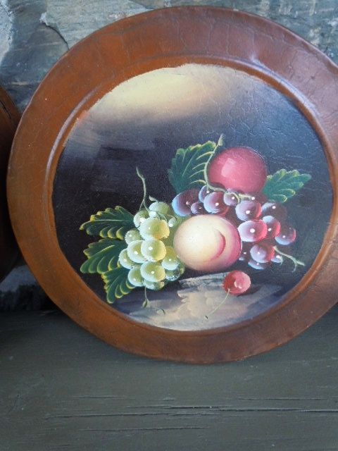 Vintage Hand Painted Tin Canister Set of (5) Fruits, Grapes, Peaches, Apples Vintage Hand Painted Tin Canister Set of (5) Fruits, Grapes, Peaches, Apples