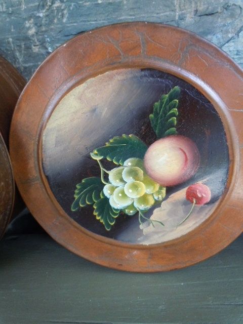 Vintage Hand Painted Tin Canister Set of (5) Fruits, Grapes, Peaches, Apples Vintage Hand Painted Tin Canister Set of (5) Fruits, Grapes, Peaches, Apples