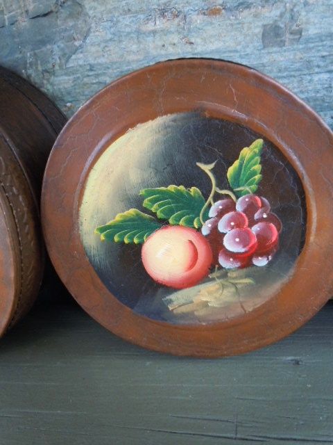 Vintage Hand Painted Tin Canister Set of (5) Fruits, Grapes, Peaches, Apples Vintage Hand Painted Tin Canister Set of (5) Fruits, Grapes, Peaches, Apples