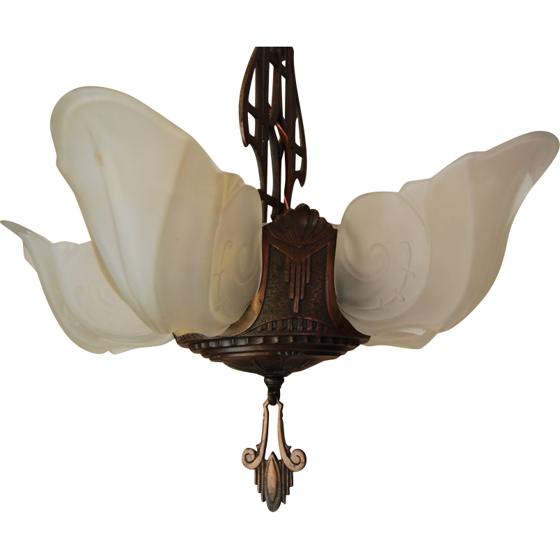 1930's Art Deco Five Light Slip Shade Chandelier Markel `Warwick' Series 1930's Art Deco Five Light Slip Shade Chandelier Markel `Warwick' Series