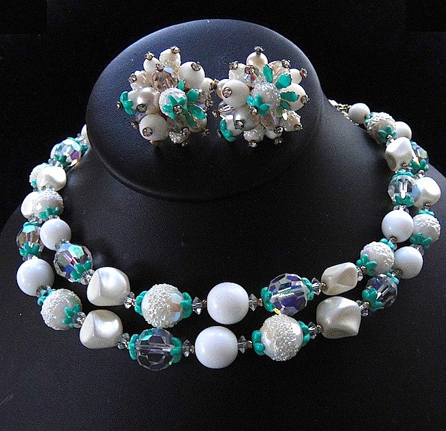 Vendome Two Strand Enamel and Crystal Choker Necklace and Earrings Demi Parure Vendome Two Strand Enamel and Crystal Choker Necklace and Earrings Demi Parure