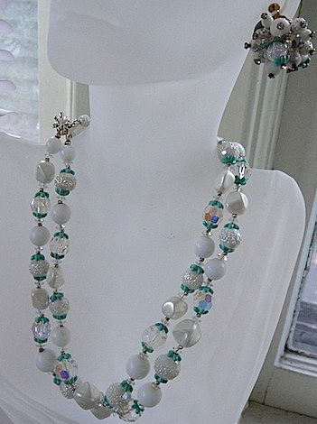 Vendome Two Strand Enamel and Crystal Choker Necklace and Earrings Demi Parure Vendome Two Strand Enamel and Crystal Choker Necklace and Earrings Demi Parure