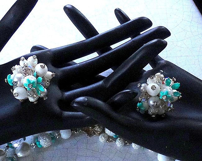 Vendome Two Strand Enamel and Crystal Choker Necklace and Earrings Demi Parure Vendome Two Strand Enamel and Crystal Choker Necklace and Earrings Demi Parure
