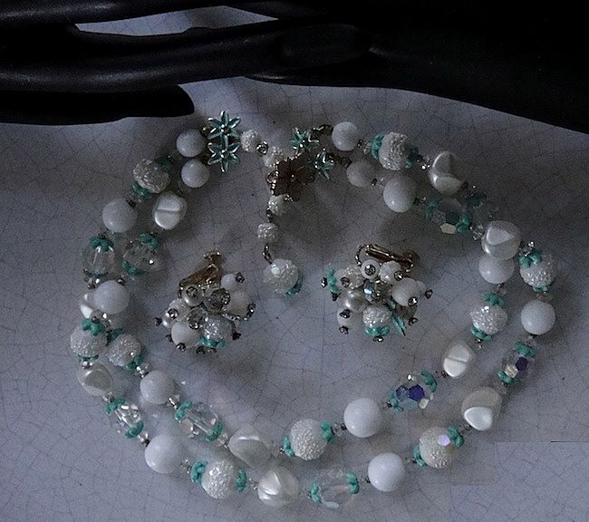 Vendome Two Strand Enamel and Crystal Choker Necklace and Earrings Demi Parure Vendome Two Strand Enamel and Crystal Choker Necklace and Earrings Demi Parure