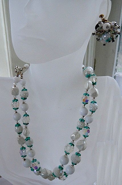Vendome Two Strand Enamel and Crystal Choker Necklace and Earrings Demi Parure Vendome Two Strand Enamel and Crystal Choker Necklace and Earrings Demi Parure