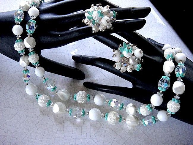 Vendome Two Strand Enamel and Crystal Choker Necklace and Earrings Demi Parure Vendome Two Strand Enamel and Crystal Choker Necklace and Earrings Demi Parure