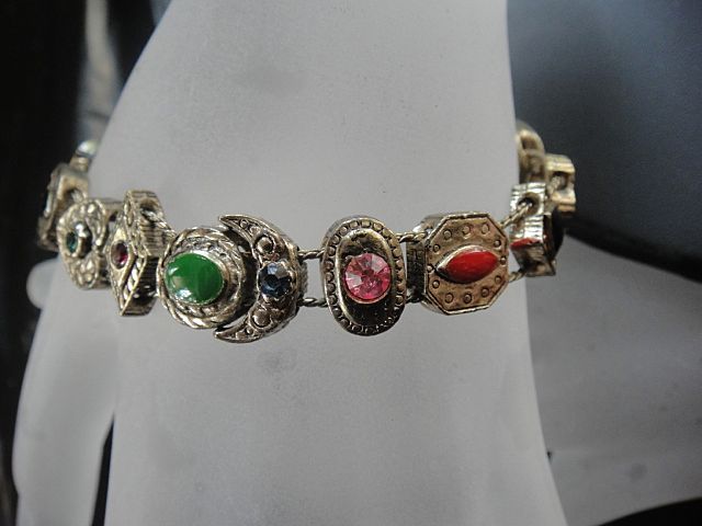 1950s Gold Tone Rhinestone Enamel Slide Bracelet- 120 1950s Gold Tone Rhinestone Enamel Slide Bracelet- 120