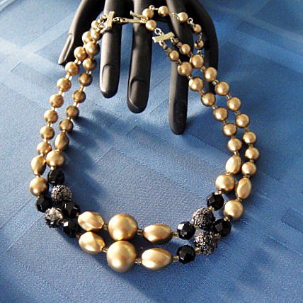 1950's Two Strand Antique Gold Tone and Black Bead Choker 1950's Two Strand Antique Gold Tone and Black Bead Choker