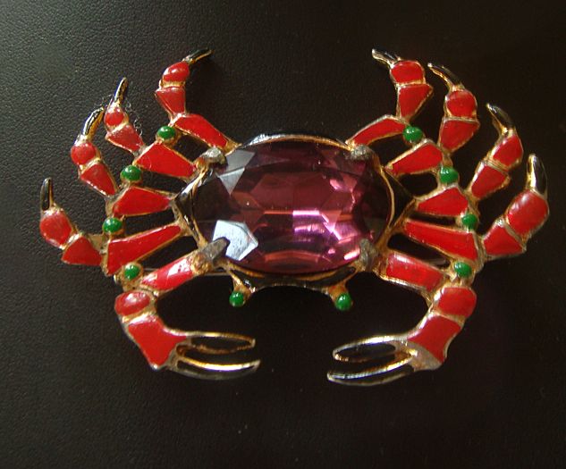Large Art Deco Amethyst Art Glass Stone Enameled Crab Figural Brooch/Pin Large Art Deco Amethyst Art Glass Stone Enameled Crab Figural Brooch/Pin