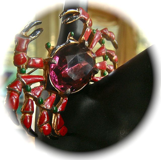 Large Art Deco Amethyst Art Glass Stone Enameled Crab Figural Brooch/Pin Large Art Deco Amethyst Art Glass Stone Enameled Crab Figural Brooch/Pin