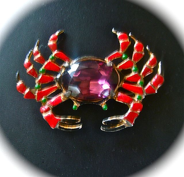 Large Art Deco Amethyst Art Glass Stone Enameled Crab Figural Brooch/Pin Large Art Deco Amethyst Art Glass Stone Enameled Crab Figural Brooch/Pin