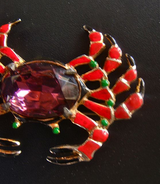 Large Art Deco Amethyst Art Glass Stone Enameled Crab Figural Brooch/Pin Large Art Deco Amethyst Art Glass Stone Enameled Crab Figural Brooch/Pin