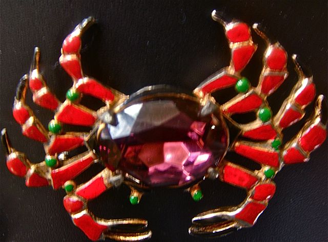 Large Art Deco Amethyst Art Glass Stone Enameled Crab Figural Brooch/Pin Large Art Deco Amethyst Art Glass Stone Enameled Crab Figural Brooch/Pin