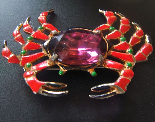 Large Art Deco Amethyst Art Glass Stone Enameled Crab Figural Brooch/Pin Large Art Deco Amethyst Art Glass Stone Enameled Crab Figural Brooch/Pin