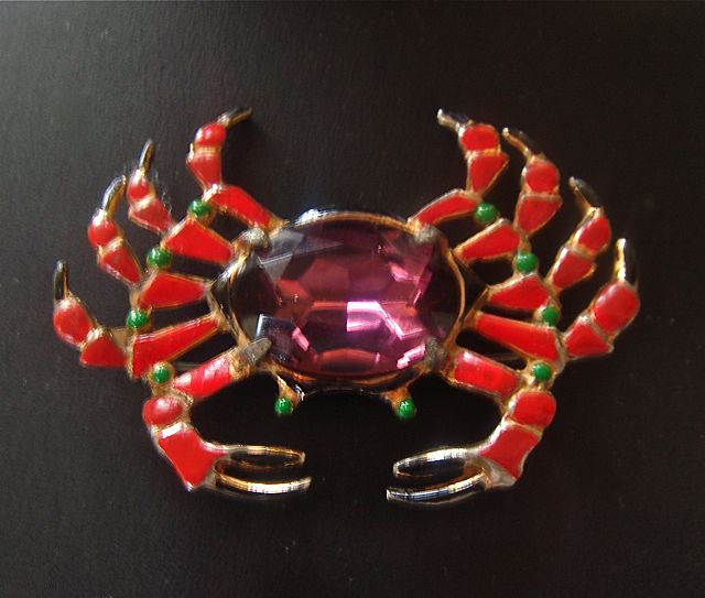 Large Art Deco Amethyst Art Glass Stone Enameled Crab Figural Brooch/Pin Large Art Deco Amethyst Art Glass Stone Enameled Crab Figural Brooch/Pin