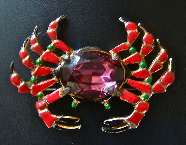 Large Art Deco Amethyst Art Glass Stone Enameled Crab Figural Brooch/Pin Large Art Deco Amethyst Art Glass Stone Enameled Crab Figural Brooch/Pin