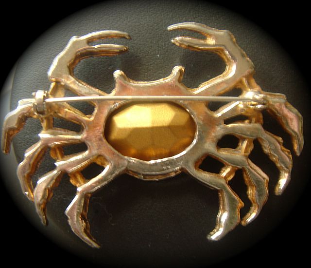 Large Art Deco Amethyst Art Glass Stone Enameled Crab Figural Brooch/Pin Large Art Deco Amethyst Art Glass Stone Enameled Crab Figural Brooch/Pin