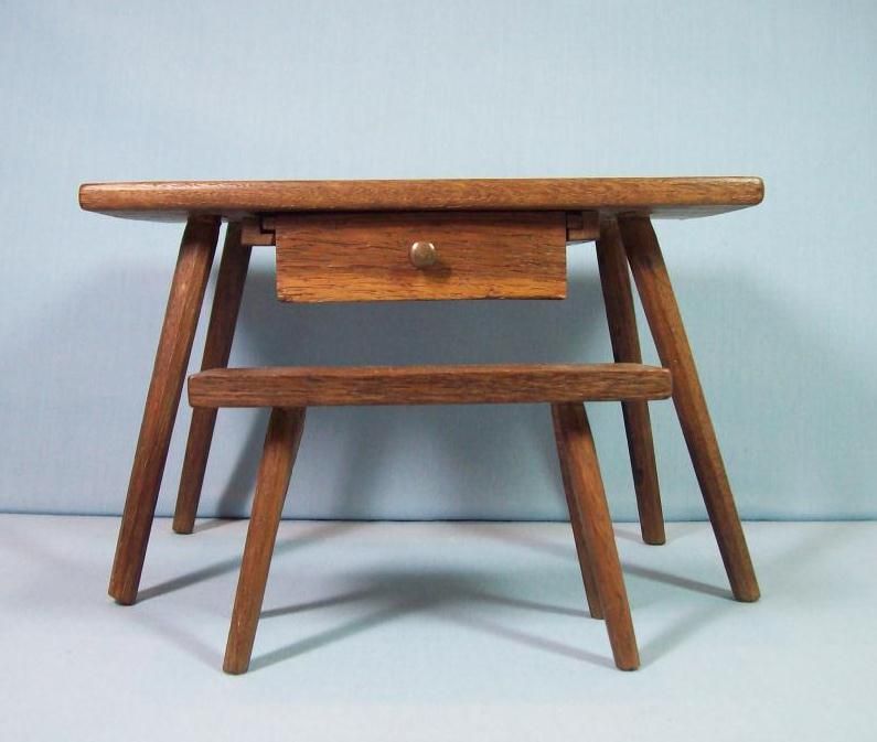 Early Walnut Doll's Work Table & Bench Early Walnut Doll's Work Table & Bench