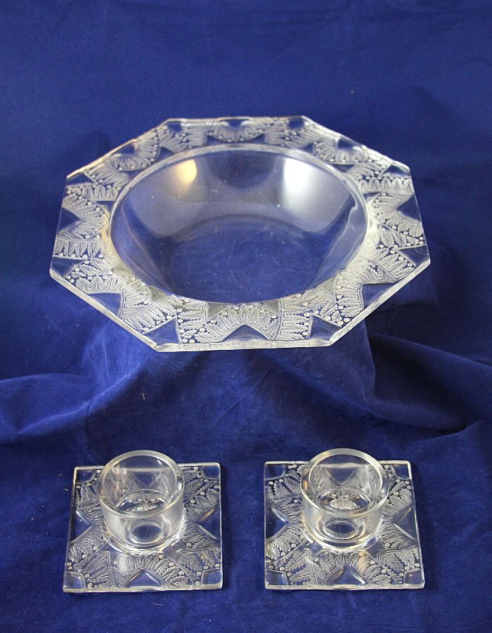 Art Deco LALIQUE CHANTILLY Console Bowl and Candle Holders 1942 Art Deco LALIQUE CHANTILLY Console Bowl and Candle Holders 1942