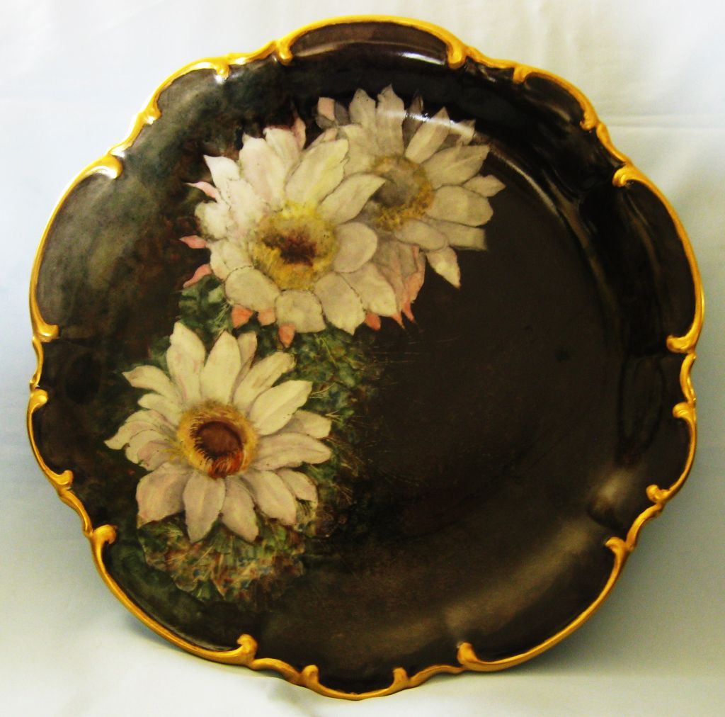 Large Dramatic Vintage Bavarian Hand Painted Porcelain Scalloped Floral Plate with Gold Gilt Large Dramatic Vintage Bavarian Hand Painted Porcelain Scalloped Floral Plate with Gold Gilt
