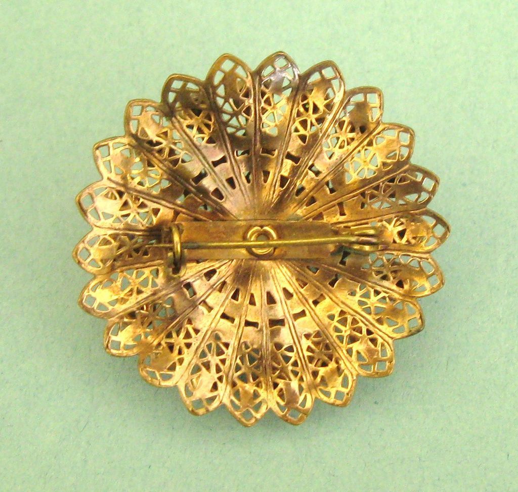 Lovely Vintage Deep Jewel Tone Rhinestone Filigree Brooch with Faux Pearls Lovely Vintage Deep Jewel Tone Rhinestone Filigree Brooch with Faux Pearls