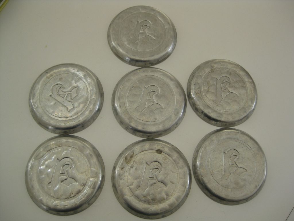 Vintage Set of 7 Hammered Aluminum Coasters, Monogrammed A Vintage Set of 7 Hammered Aluminum Coasters, Monogrammed A