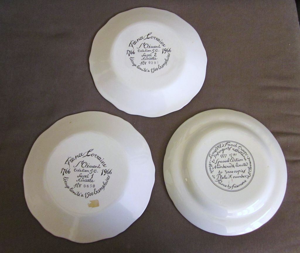 Set of Three Vintage French Faiencerie 9-1/2" Cabinet Plates, Numbered Set of Three Vintage French Faiencerie 9-1/2" Cabinet Plates, Numbered