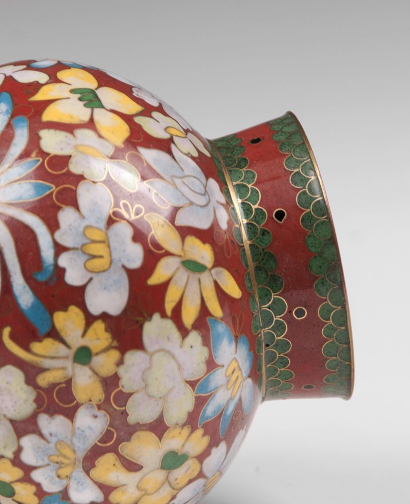 Mid 20th C. Chinese Cloisonne Vase, Floral Decoration On Iron Red Ground Mid 20th C. Chinese Cloisonne Vase, Floral Decoration On Iron Red Ground