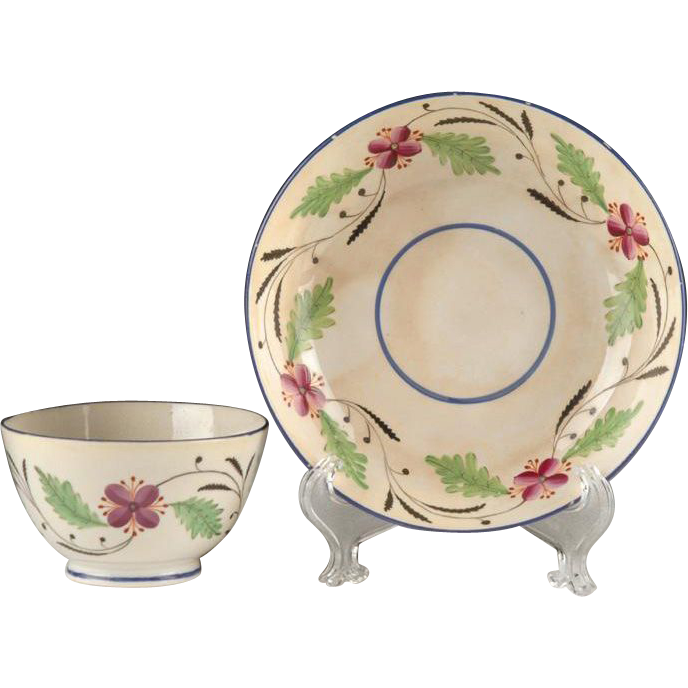 Early 19th C. Floral Enameled English Tea Bowl & Saucer Early 19th C. Floral Enameled English Tea Bowl & Saucer