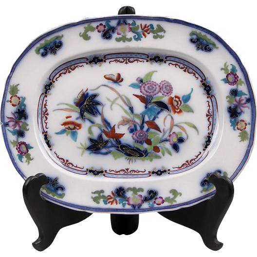19th C. Flow Blue Staffordshire Polychrome Platter 19th C. Flow Blue Staffordshire Polychrome Platter