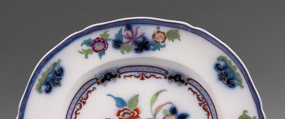 19th C. Flow Blue Staffordshire Polychrome Platter 19th C. Flow Blue Staffordshire Polychrome Platter
