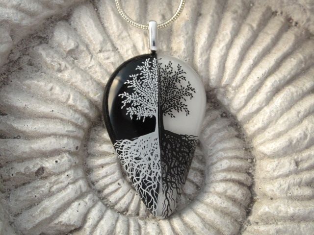 Fused Glass Pendant, Tree of Life, Mirror Image Black & White Fused Glass Pendant, Tree of Life, Mirror Image Black & White
