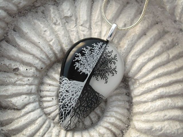 Fused Glass Pendant, Tree of Life, Mirror Image Black & White Fused Glass Pendant, Tree of Life, Mirror Image Black & White