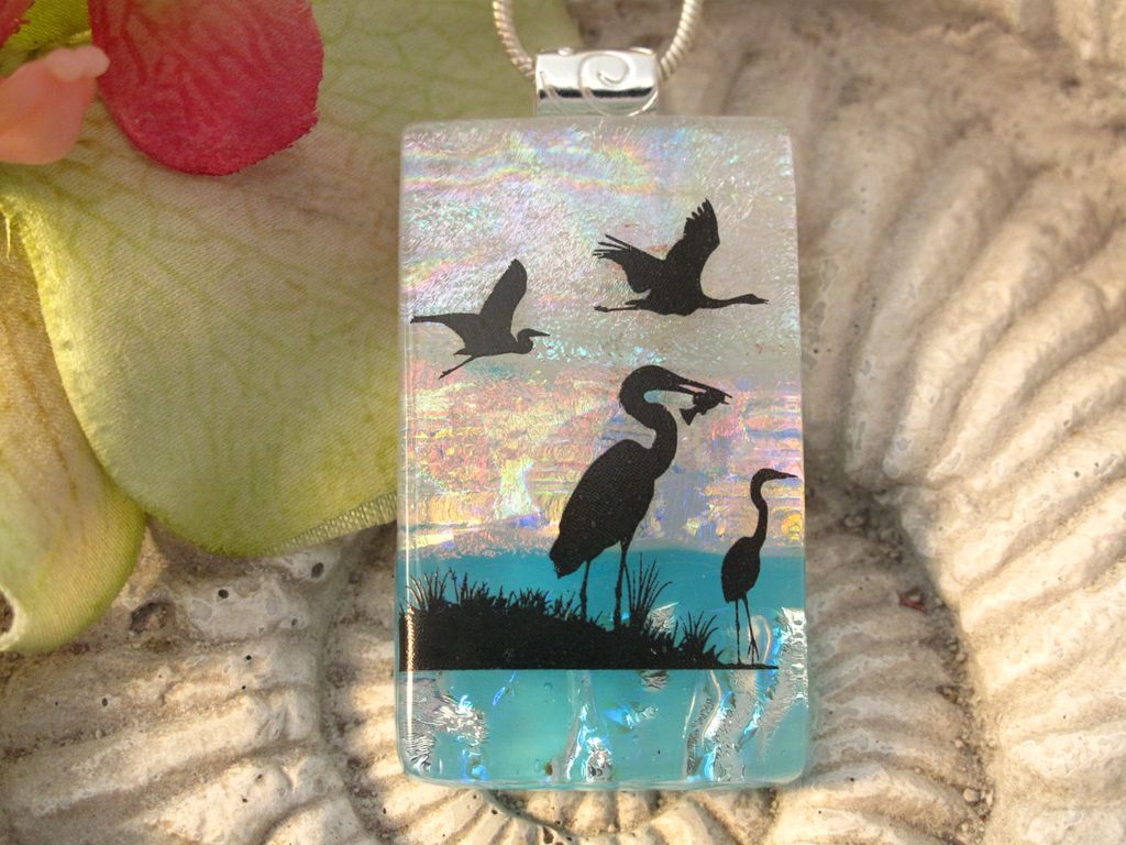 Heron Sanctuary Bird Fused Dichroic Glass Jewelry Heron Sanctuary Bird Fused Dichroic Glass Jewelry