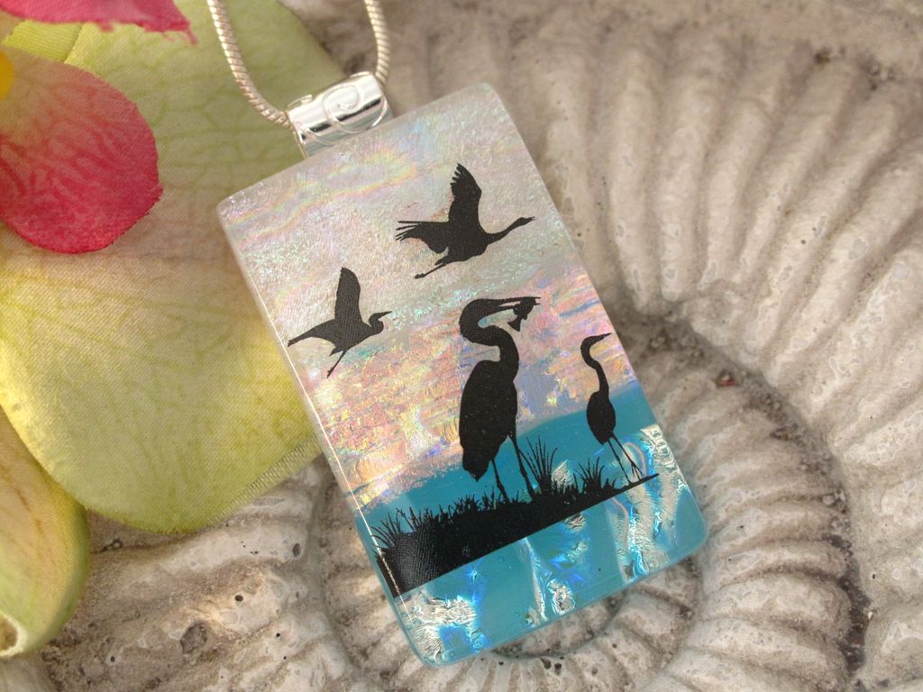 Heron Sanctuary Bird Fused Dichroic Glass Jewelry Heron Sanctuary Bird Fused Dichroic Glass Jewelry