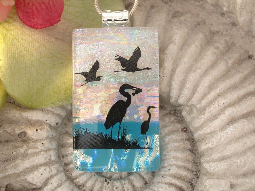 Heron Sanctuary Bird Fused Dichroic Glass Jewelry Heron Sanctuary Bird Fused Dichroic Glass Jewelry
