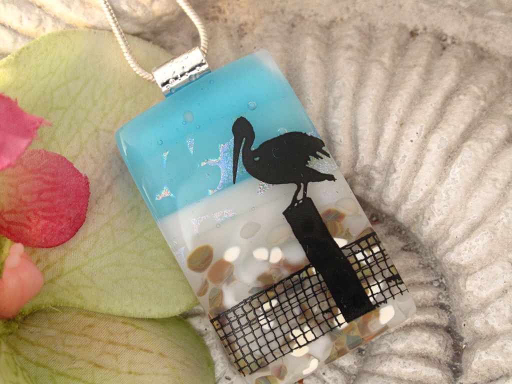 Pelican Fused Dichroic Glass Pendant Necklace Pelican Fused Dichroic Glass Pendant Necklace