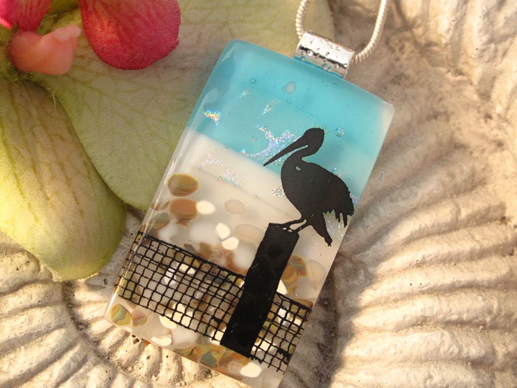 Pelican Fused Dichroic Glass Pendant Necklace Pelican Fused Dichroic Glass Pendant Necklace