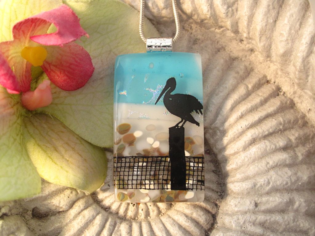 Pelican Fused Dichroic Glass Pendant Necklace Pelican Fused Dichroic Glass Pendant Necklace