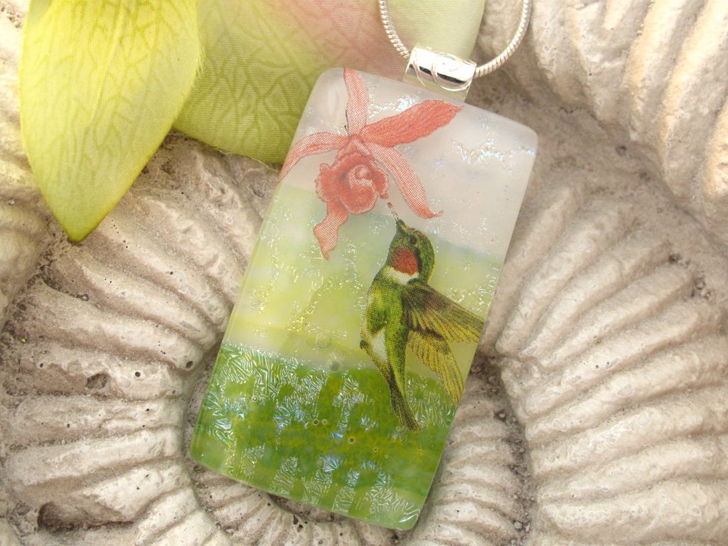 Hummingbird Fused Dichroic Glass Pendant Necklace Hummingbird Fused Dichroic Glass Pendant Necklace