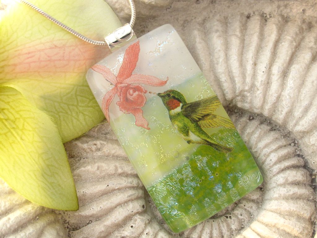 Hummingbird Fused Dichroic Glass Pendant Necklace Hummingbird Fused Dichroic Glass Pendant Necklace